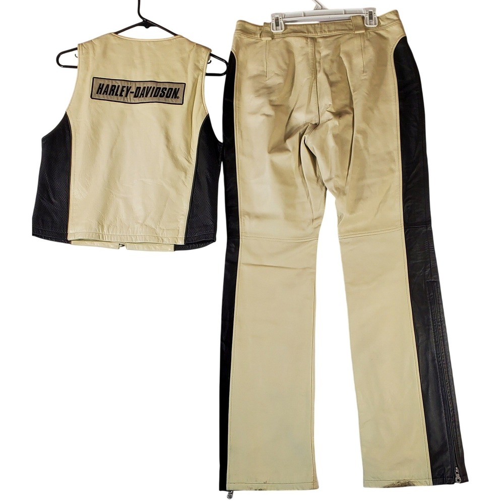 Harley Davidson Womens Leather Vest and Pants Set Cream Black Biker Riding Gear - Picture 2 of 16